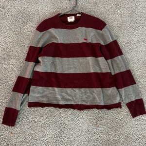 Levi's Men's Maroon and Gray Striped Crewneck Sweater